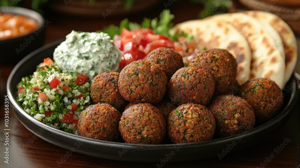 Crispy falafel balls served with a side of tabbouleh, pita bread, and creamy tzatziki sauce, presented on a large platter Crispy falafel balls served with a side of tabbouleh, pita bread, and creamy tzatziki sauce, presented on a large platter