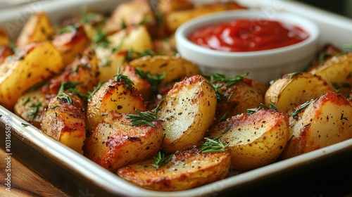 Crispy potato wedges baked to a golden brown and seasoned with rosemary and sea salt, served with a side of ketchup