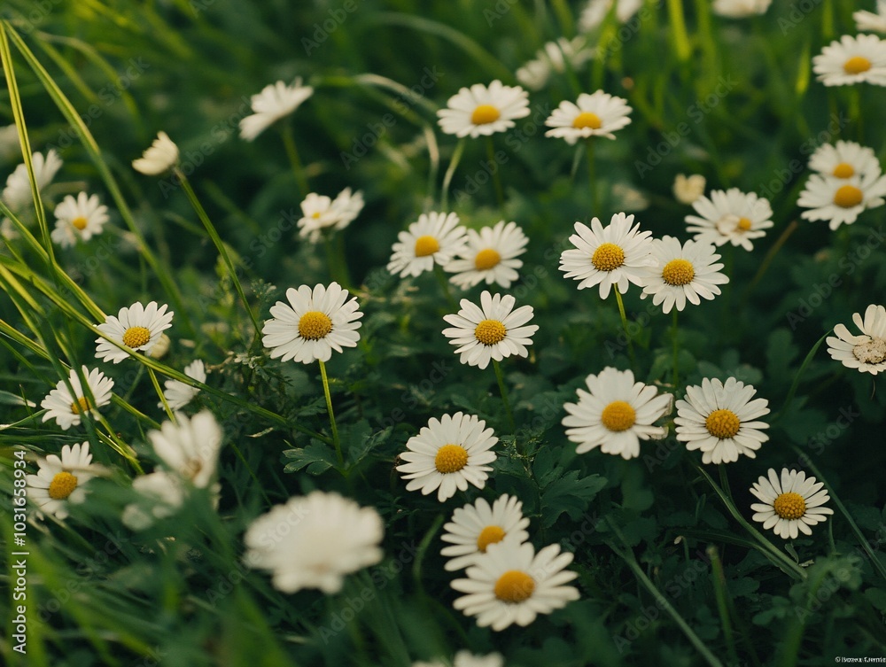 2408 40.A close-up of white daisies blooming in a lush green field, with vibrant blades of grass forming a soft, natural background. The tiny flowers are scattered throughout the scene, creating a 2408 40.A close-up of white daisies blooming in a lush green field, with vibrant blades of grass forming a soft, natural background. The tiny flowers are scattered throughout the scene, creating a
