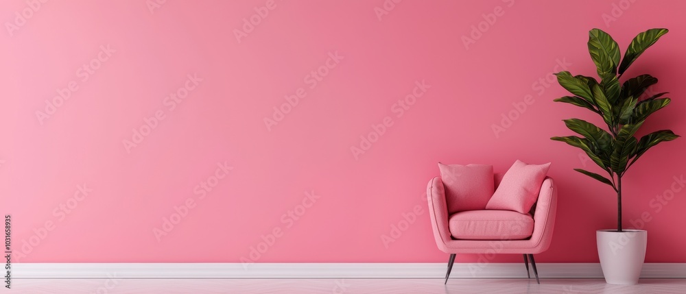 Stylish pink chair with two cushions beside a potted plant against a pastel pink wall in a contemporary setting. Stylish pink chair with two cushions beside a potted plant against a pastel pink wall in a contemporary setting.