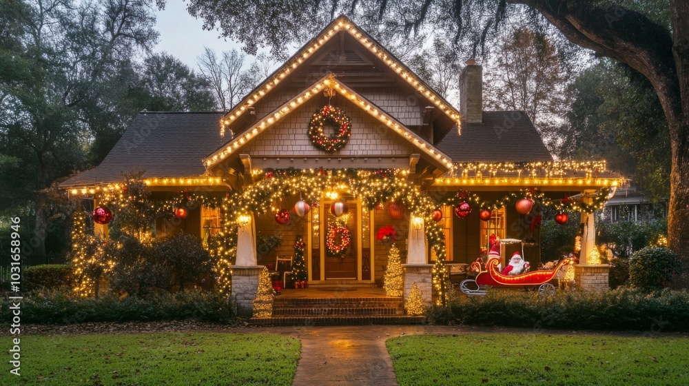 A house is decorated with Christmas lights and ornaments, including a wreath, a red sleigh with Santa Claus, and a large evergreen tree. A house is decorated with Christmas lights and ornaments, including a wreath, a red sleigh with Santa Claus, and a large evergreen tree.