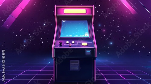 Arcade game screen. Copy space on interface screen. Retro art