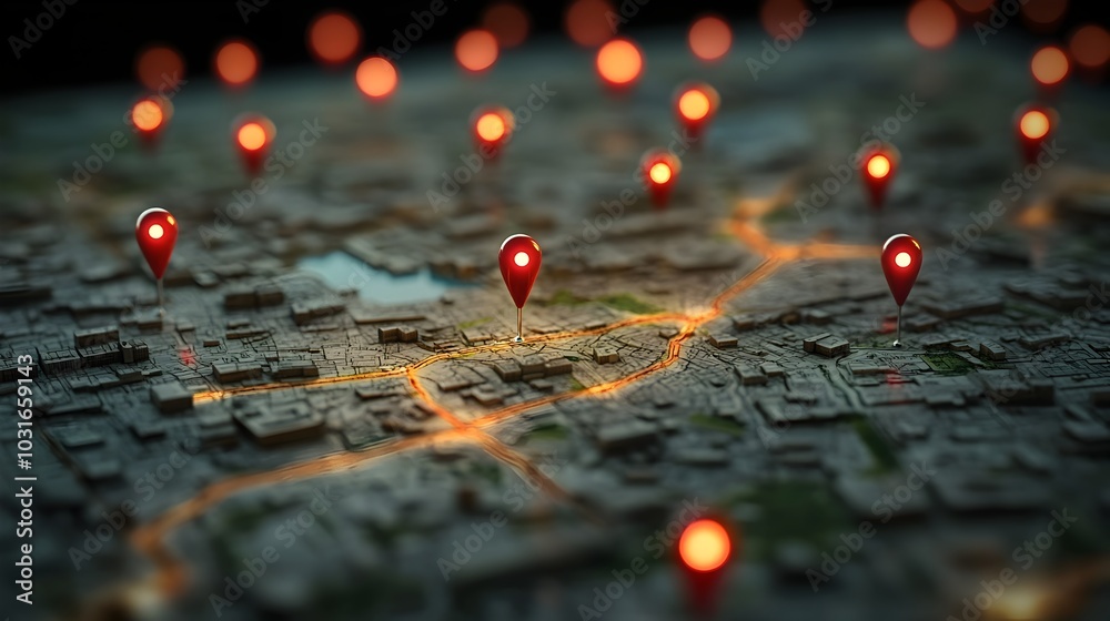 Red Pinpoints on the City Map Indicating Various Geographic Locations Red Pinpoints on the City Map Indicating Various Geographic Locations