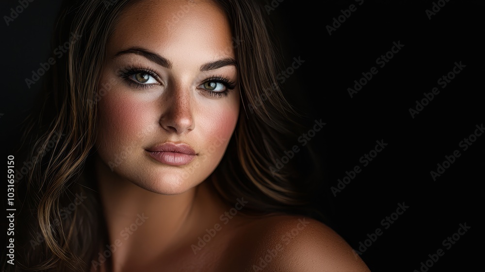 Fototapeta premium Close-up of woman with long brown hair and blue eyes against black backdrop