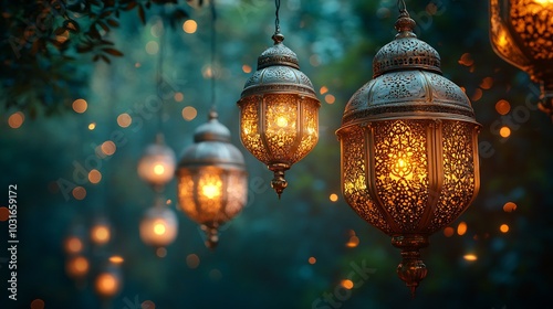 Luxurious Arabian background showcasing ornate white gold lanterns glowing softly against a deep green backdrop The right side is perfect for Ramadan messages or custom text