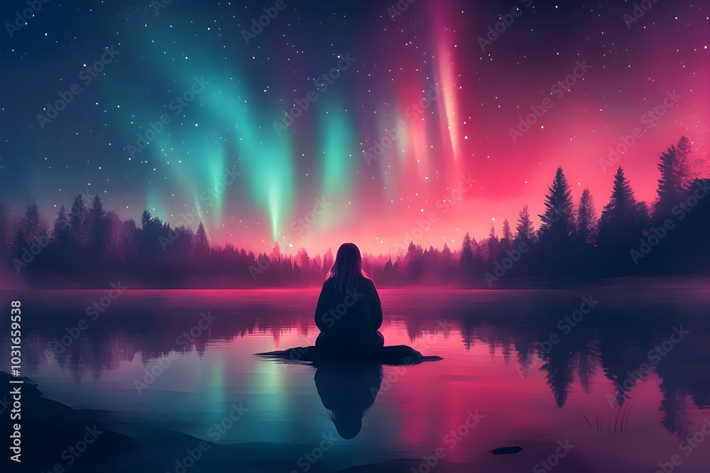 Serene Solitary Silhouette Gazing at Vibrant Aurora Over Tranquil Lake Serene Solitary Silhouette Gazing at Vibrant Aurora Over Tranquil Lake