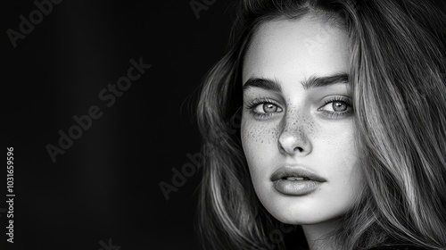  A monochrome image of a young woman with freckled hair and makeup featuring freckles