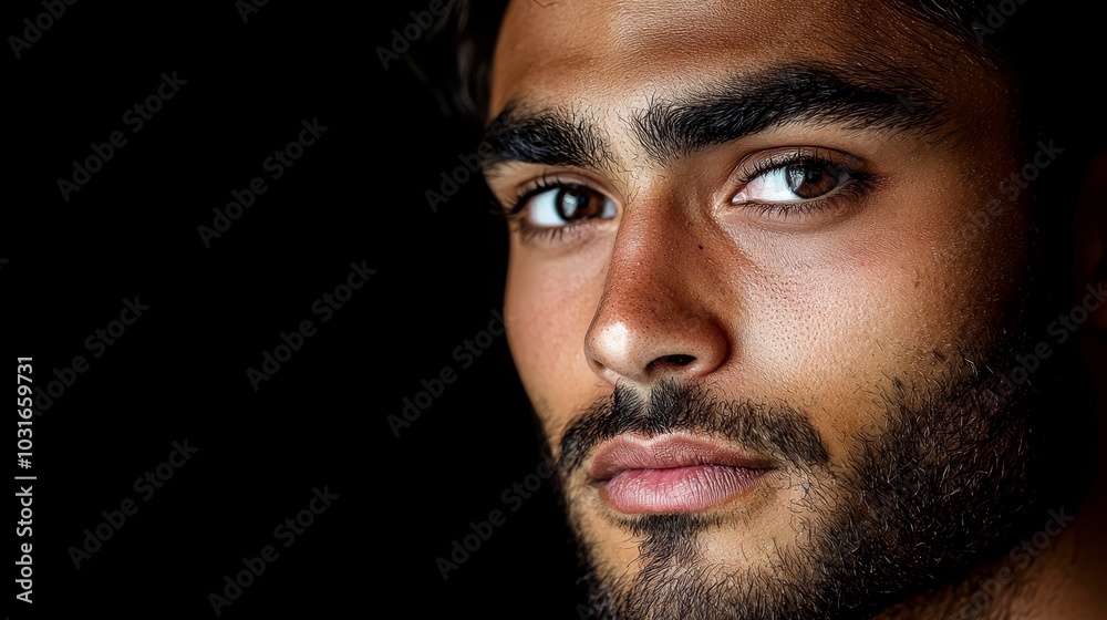 A tight shot of a man's intense face against a black backdrop A tight shot of a man's intense face against a black backdrop