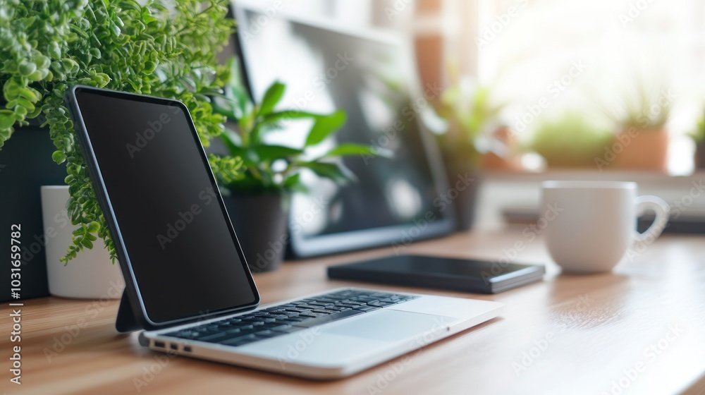 Laptop and Mug on a Wooden Desk with Plants in the Background Laptop and Mug on a Wooden Desk with Plants in the Background