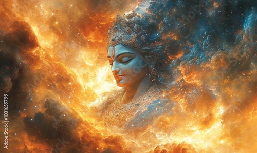 Vishnu in a cosmic scene, symbolizing the preservation and balance of the universe, Generative AI