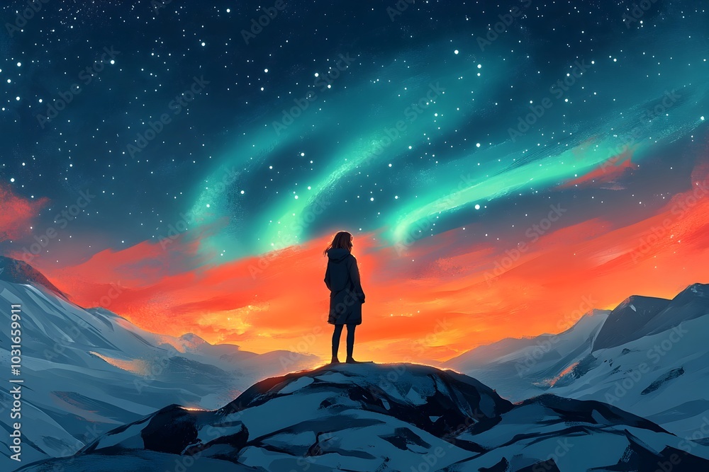 Mesmerizing Aurora Lit Landscape with Silhouetted Figure Gazing at the Stunning Night Sky Mesmerizing Aurora Lit Landscape with Silhouetted Figure Gazing at the Stunning Night Sky