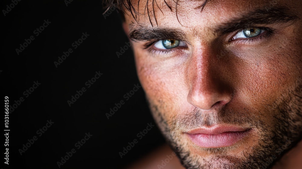 A tight shot of a man's face, bare-chested, displaying a grave expression with piercing blue eyes A tight shot of a man's face, bare-chested, displaying a grave expression with piercing blue eyes