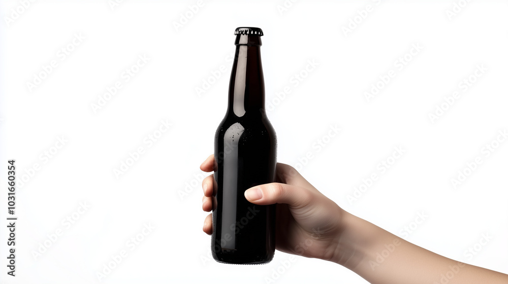 hand holding black beer bottle, white background, Ai generated images