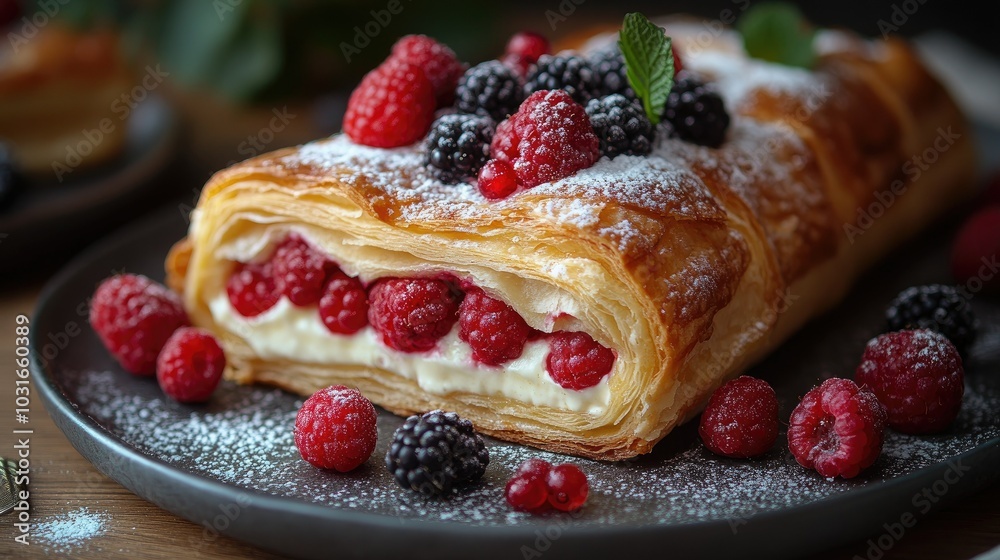 Flaky puff pastry filled with sweet custard and topped with fresh berries, presented on a dessert platter Flaky puff pastry filled with sweet custard and topped with fresh berries, presented on a dessert platter