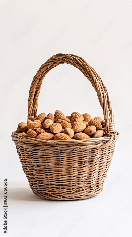 brown wicker basket full of almonds on white background brown wicker basket full of almonds on white background