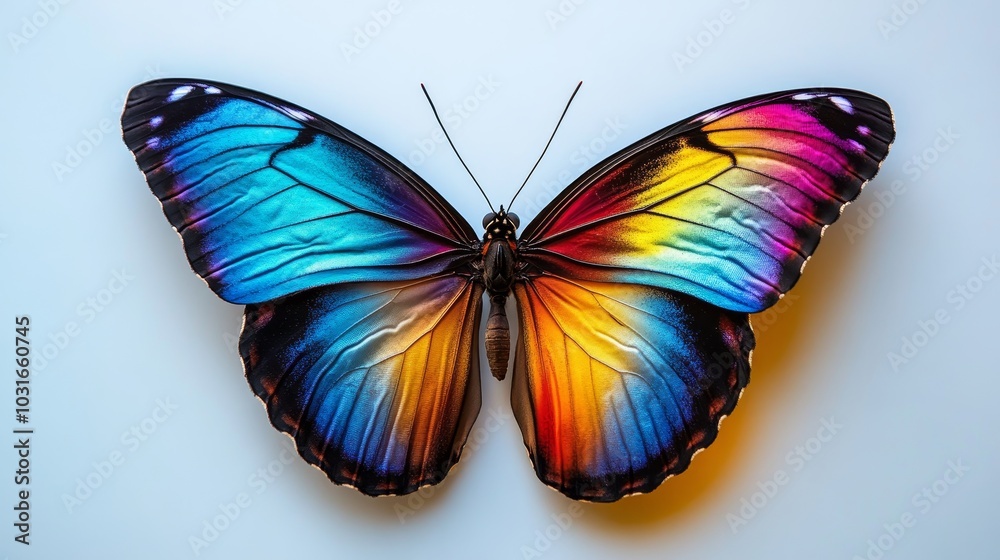 Fototapeta premium Vibrant butterfly resting on a white surface, wings outstretched showcasing bright colors, surrounded by a faint yellow gradient for a subtle contrast