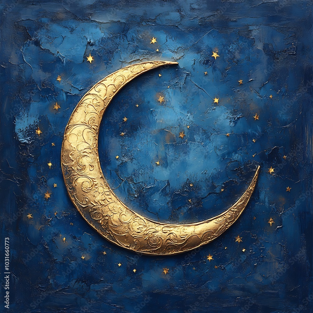 Luxurious golden crescent moon intricate details resting on a deep blue textured background complemented by shimmering stars for an elegant Eid alFitr celebration Luxurious golden crescent moon intricate details resting on a deep blue textured background complemented by shimmering stars for an elegant Eid alFitr celebration