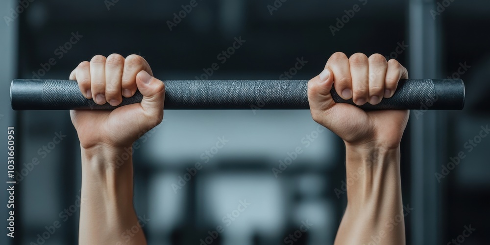Strong grip on pull-up bar with focused exercise strength and determination in fitness training Strong grip on pull-up bar with focused exercise strength and determination in fitness training
