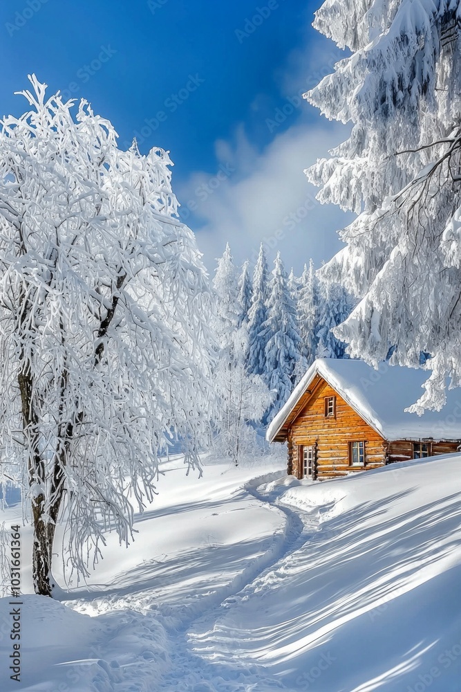 Fototapeta premium A serene snowy landscape with a wooden cabin nestled between snow-covered trees. 