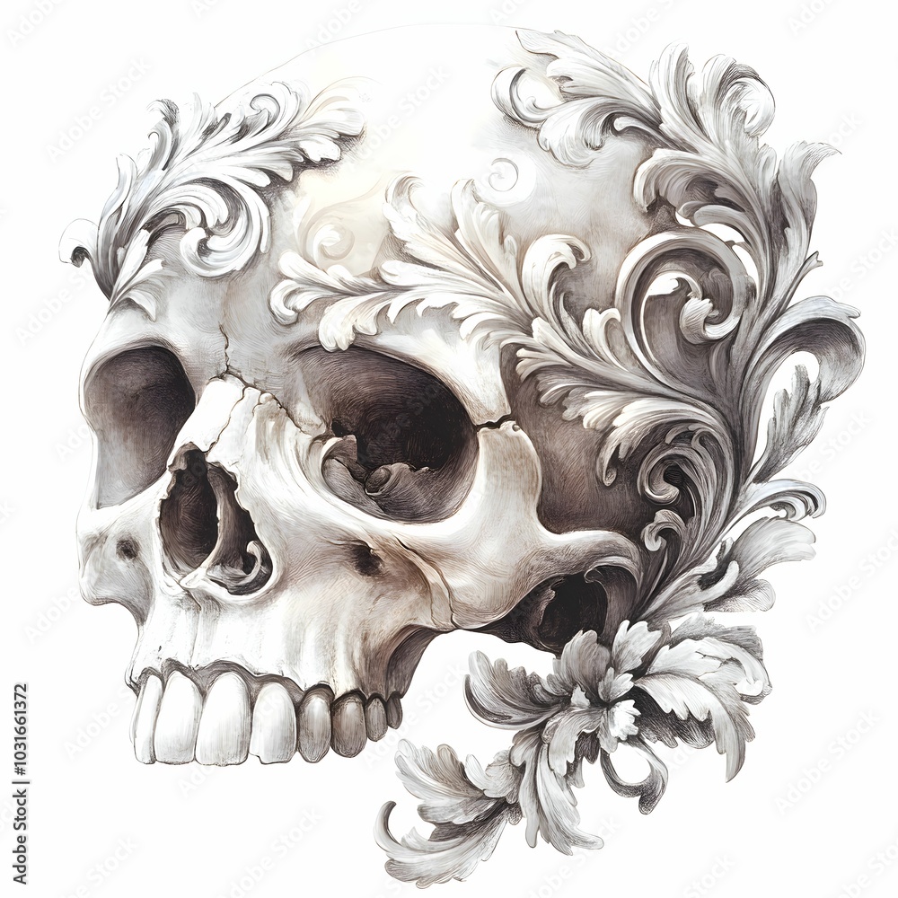 Naklejka premium Elegant Skull with Ornate Floral Design on white background