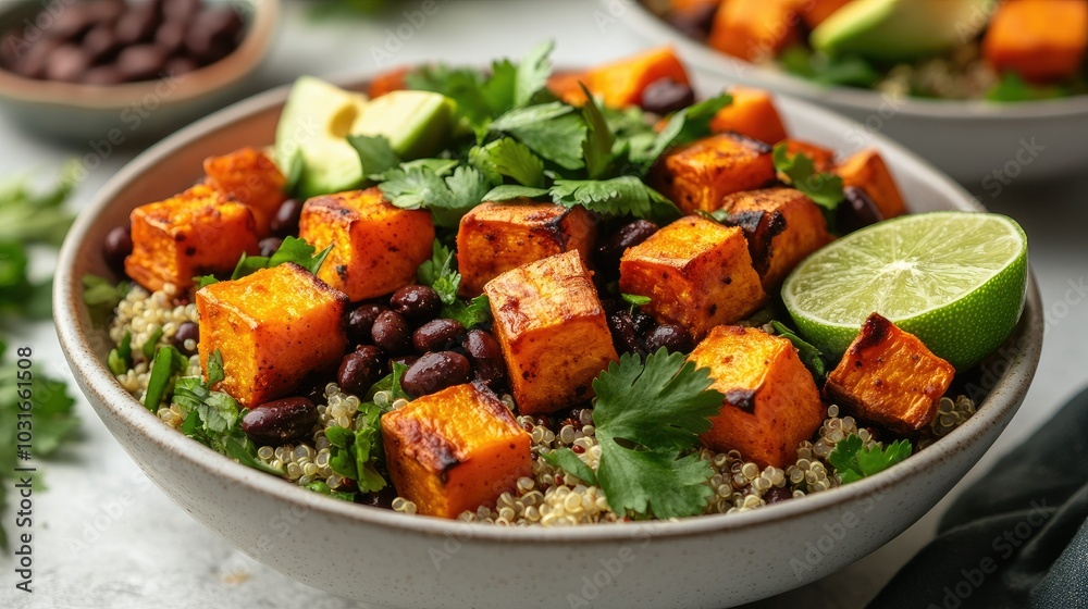 Fresh quinoa salad bowl with roasted sweet potatoes, avocado, black beans, and a lime wedge, garnished with cilantro and served on a white table Fresh quinoa salad bowl with roasted sweet potatoes, avocado, black beans, and a lime wedge, garnished with cilantro and served on a white table