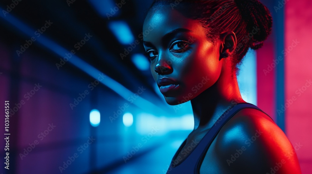 A young woman with dark skin stands in a hallway with blue and red lighting. Her dark hair is pulled back, and she is looking directly at the camera. A young woman with dark skin stands in a hallway with blue and red lighting. Her dark hair is pulled back, and she is looking directly at the camera.
