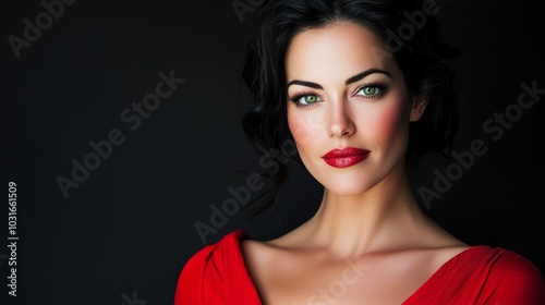  A woman with green eyes wears a red dress, posing against a black backdrop