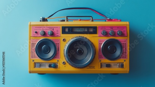 Vintage boombox with bold, saturated colors on soft blue, flat-lay shot, clean and minimalist with smooth lighting and sharp details