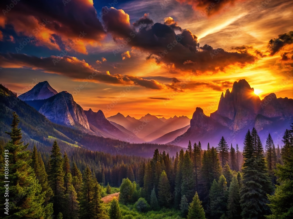Stunning Silhouette of a Mountain Valley at Sunset - Breathtaking Scenic View Stunning Silhouette of a Mountain Valley at Sunset - Breathtaking Scenic View
