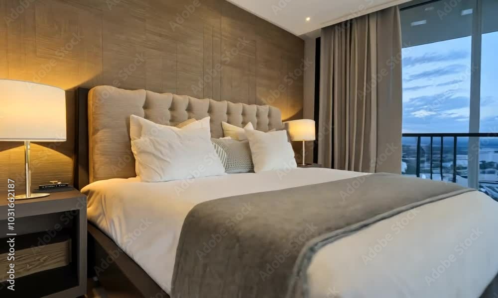 Minimalist bedroom with a white bed, white linens, and a nightstand with a lamp. There is a window with white curtains on the right. Minimalist bedroom with a white bed, white linens, and a nightstand with a lamp. There is a window with white curtains on the right.