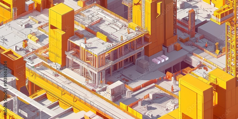 A digital drawing of a construction site. It shows 3D printed buildings, a building plan, and the idea of using modular parts to build quickly.