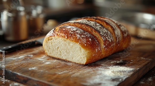 Freshly baked loaf of bread with a golden crust, placed on a wooden cutting board with a bread knife and a sprinkling of flour