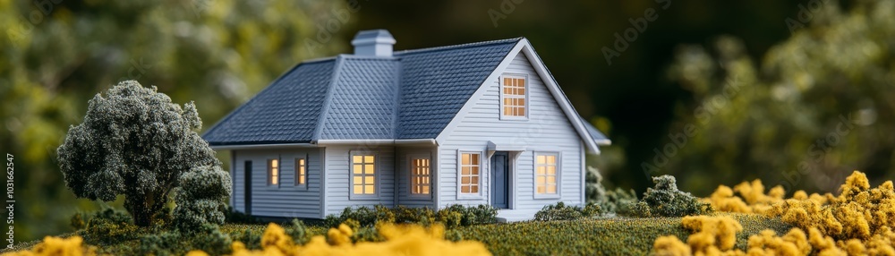 Whimsical miniature house adorned by a sea of colorful flowers in bloom charming