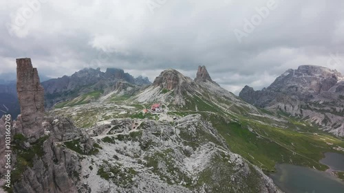 Aerial view of mountain landscape in the Dolomites, Italy on a sunny day photo