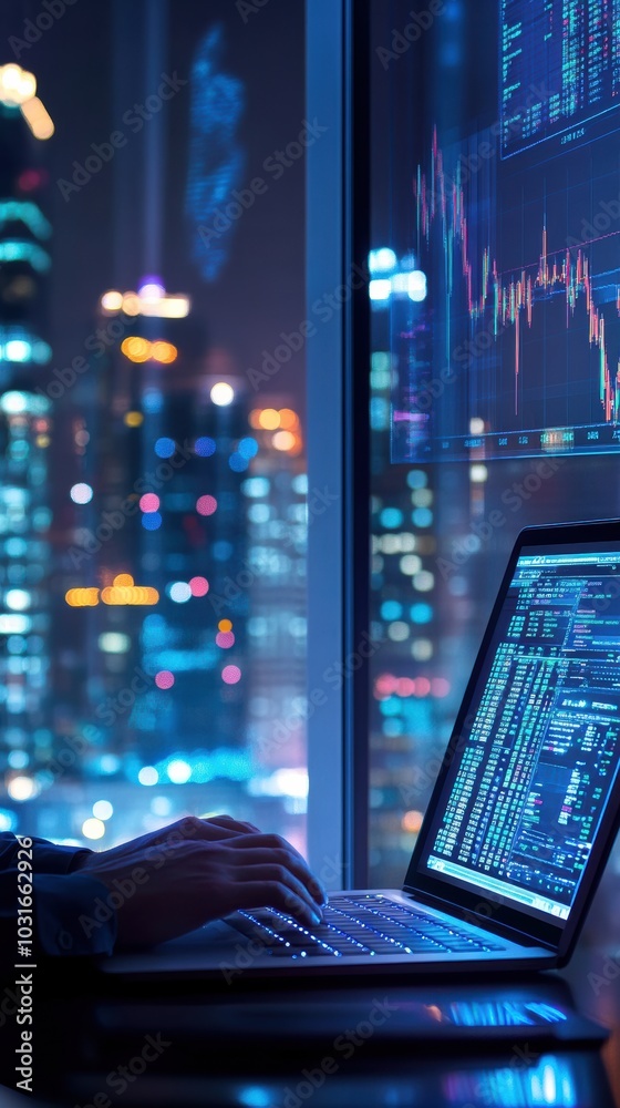 A financial analyst reviewing stock market trends, typing on a laptop with multiple screens showing stock prices and market data