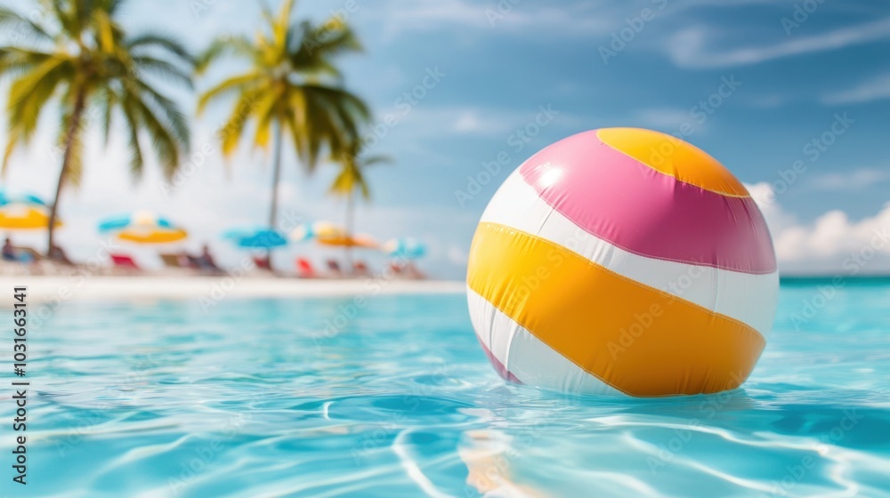 Colorful beach ball floating in tropical paradise with palm trees and blue water Colorful beach ball floating in tropical paradise with palm trees and blue water