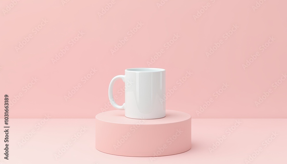 Mockup of a minimalist white ceramic coffee mug neatly placed on a podium on a pastel pink background. Mockup of a minimalist white ceramic coffee mug neatly placed on a podium on a pastel pink background.