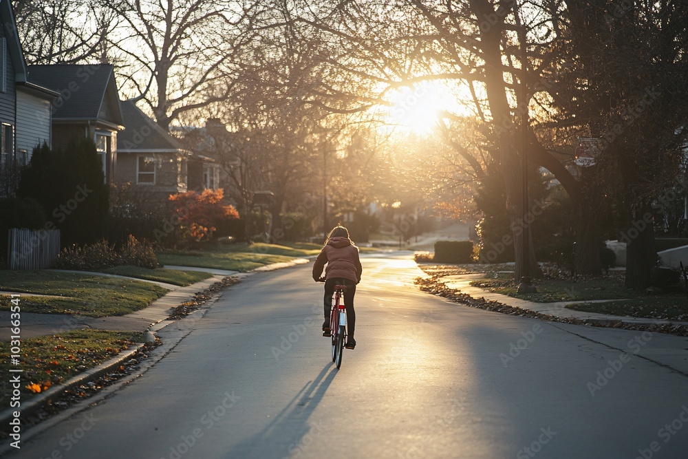 Person Riding Bicycle in Quiet Neighborhood at Sunset Person Riding Bicycle in Quiet Neighborhood at Sunset