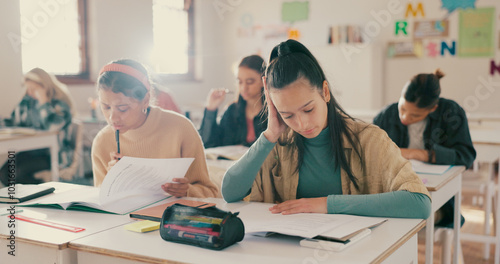 Education, reading or people in high school for test, assignment or knowledge development in assessment. Students, thinking or exam in classroom for English, understanding question or problem solving