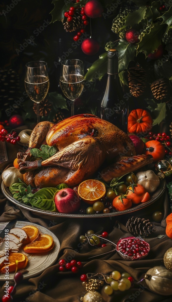 Festive christmas dinner table with roasted turkey, colorful sides, and sparkling wine display Festive christmas dinner table with roasted turkey, colorful sides, and sparkling wine display