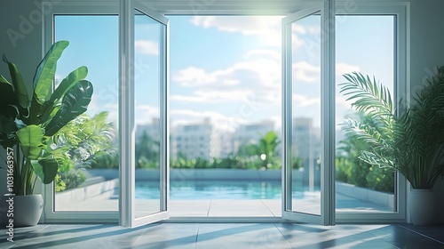 Scenic French Balcony Doors with Aluminum Window and Metal Frame in Open Closeup View photo