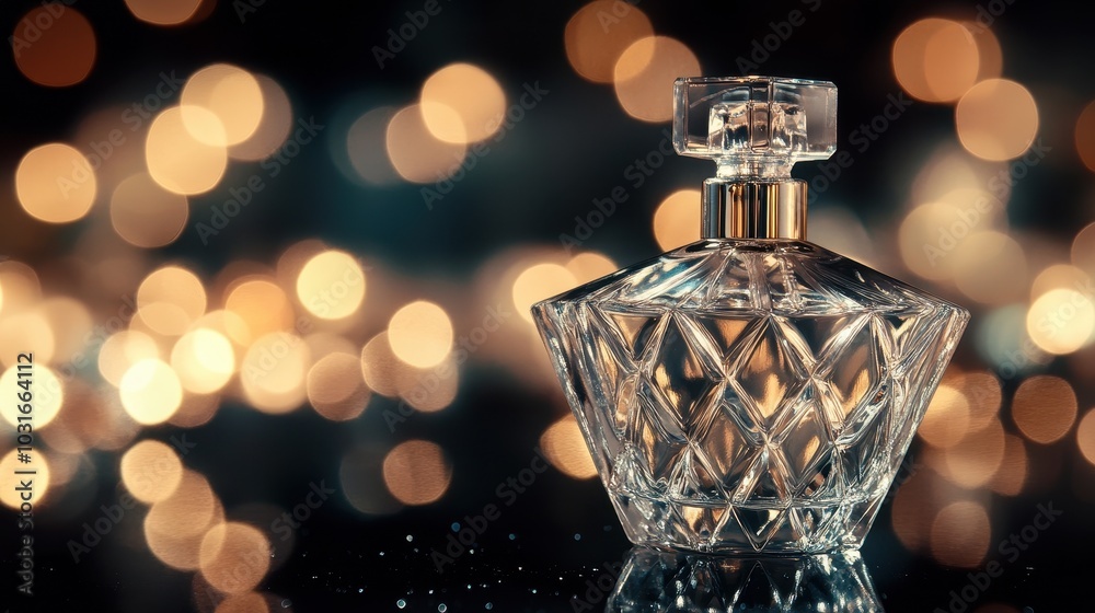 Elegant Glass Perfume Bottle with Soft Bokeh Background Elegant Glass Perfume Bottle with Soft Bokeh Background