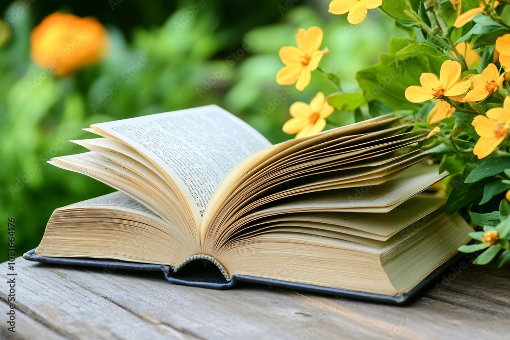 Serene Open Book on Lap Surrounded by Flowers Serene Open Book on Lap Surrounded by Flowers