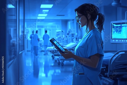 Nurse Using Handheld Scanner in Realistic Hospital Scene