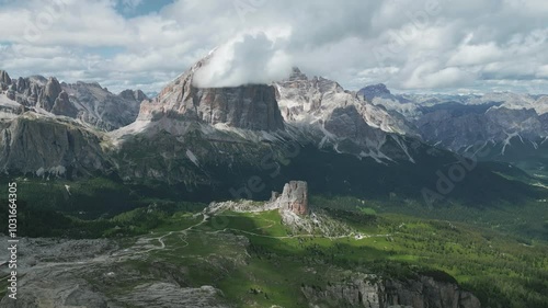 Aerial view of mountain landscape in the Dolomites, Italy on a sunny day