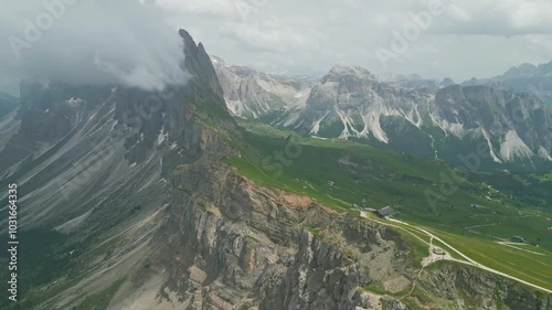 Aerial view of mountain landscape in the Dolomites, Italy on a sunny day
