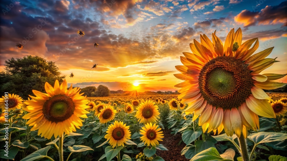 Fototapeta premium Stunning Sunlit Sunflower Field with Bees at Sunset - Vibrant Sky Silhouette Photography