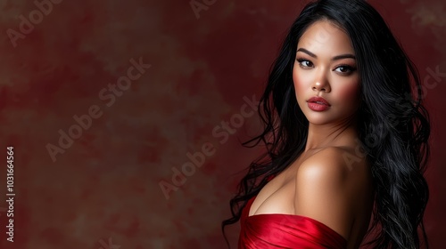  A woman in a red dress poses for a photo with wind-blown hair