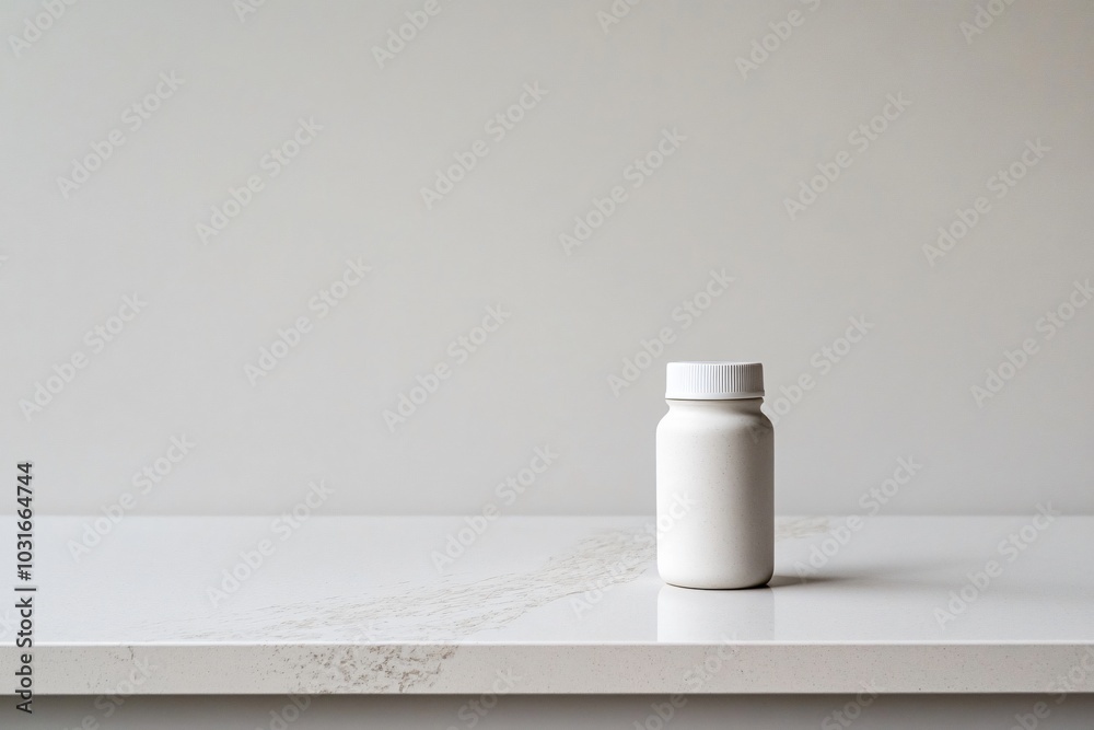 White Pill Bottle on Clean Countertop Surface White Pill Bottle on Clean Countertop Surface
