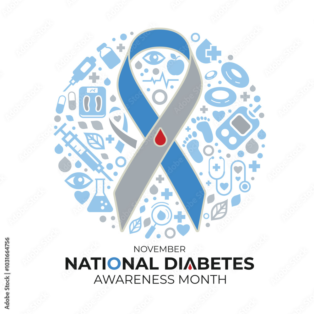 Obraz premium November, National diabetes awareness month - Blue and gray ribbon and features a blood drop symbol in the center of the pin and icon about diabets around vector design